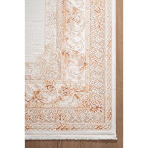 İndigo Id004t Krem Bej Klasik Çerçeveli Desen Akrilik İplik Tozuaz Pamuk Taban Salon Mutfak Halısı