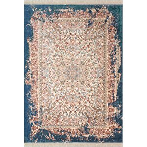 Diamente Dm005m Krem Koyu Mavi Çerçeve Halı Modern Klasik Desen 100 Tarak Bambu Viskon İpek Serisi 100x300 cm