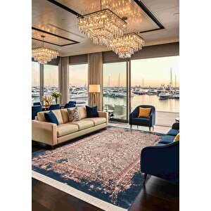 Diamente Dm005m Krem Koyu Mavi Çerçeve Halı Modern Klasik Desen 100 Tarak Bambu Viskon İpek Serisi 100x300 cm