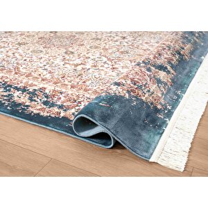 Diamente Dm005m Krem Koyu Mavi Çerçeve Halı Modern Klasik Desen 100 Tarak Bambu Viskon İpek Serisi 100x300 cm