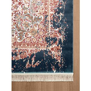 Diamente Dm005m Krem Koyu Mavi Çerçeve Halı Modern Klasik Desen 100 Tarak Bambu Viskon İpek Serisi