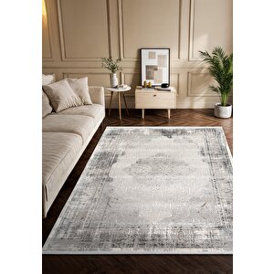 Vogue?vg008z Koyu Gri Çerçeveli Göbekli Klasik Desen Modern Renk 100?tarak Salon Halısı İpek Serisi 300x400 cm