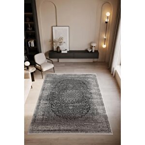 Look Black Lb008g Siyah Gri Çerçeveli Klasik Desen Akrilik Yumuşak Tozuaz Salon Oturma Odası Halısı 100x200 cm