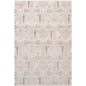 Icon Ic007r Krem Renkli Etnik Desenli Akrilik Pamuk Tabanlı 4 Mevsim Salon Koridor Halısı 100x300 cm