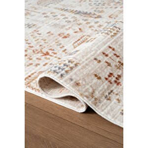 Icon Ic007r Krem Renkli Etnik Desenli Akrilik Pamuk Tabanlı 4 Mevsim Salon Koridor Halısı 100x300 cm