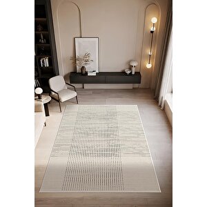 Look Black Lb001w Krem Halı Siyah Dekoratif Çizgili Modern Desen Akrilik Yumuşak Tozuaz Salon Halısı 80x300 cm