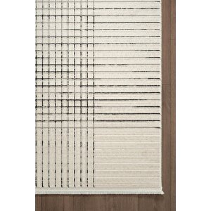 Look Black Lb001w Krem Halı Siyah Dekoratif Çizgili Modern Desen Akrilik Yumuşak Tozuaz Salon Halısı