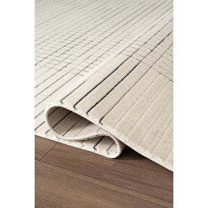 Look Black Lb001w Krem Halı Siyah Dekoratif Çizgili Modern Desen Akrilik Yumuşak Tozuaz Salon Halısı 80x150 cm