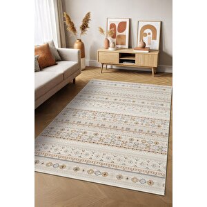Icon Ic008r Krem Halı Renkli Kilim Desenli Akrilik Ve Pamuk Tabanlı 4 Mevsim Salon Halısı 100x300 cm