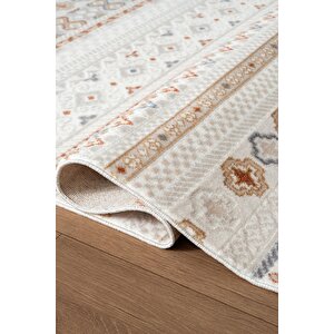 Icon Ic008r Krem Halı Renkli Kilim Desenli Akrilik Ve Pamuk Tabanlı 4 Mevsim Salon Halısı 100x300 cm