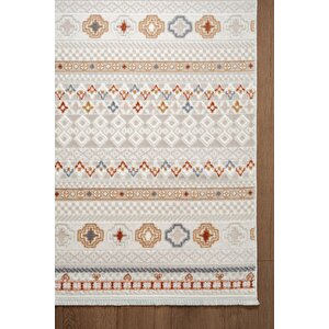 Icon Ic008r Krem Halı Renkli Kilim Desenli Akrilik Ve Pamuk Tabanlı 4 Mevsim Salon Halısı