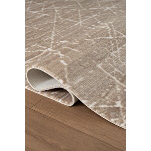 Jade Jd012b Bej Halı Modern Geometrik Desenli Triko Akrilik Pamuk Tabanlı Kaymaz Salon Halısı 100x300 cm