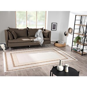 Elit El001a Krem Halı Toprak Kenar Çerçeveli Ince Yumuşak Akrilik Tozuaz Modern Salon Halısı Koridor 100x200 cm
