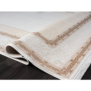 Elit El001a Krem Halı Toprak Kenar Çerçeveli Ince Yumuşak Akrilik Tozuaz Modern Salon Halısı Koridor 100x200 cm