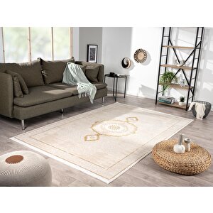 Elit El004s Krem Halı Gold Detaylı Göbekli Kenar Çerçeveli Ince Yumuşak Akrilik Tozuaz Modern Salon 80x300 cm