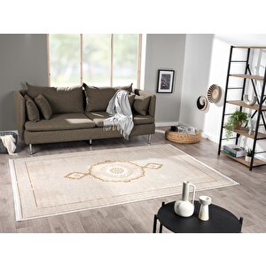 Elit El004s Krem Halı Gold Detaylı Göbekli Kenar Çerçeveli Ince Yumuşak Akrilik Tozuaz Modern Salon 80x300 cm