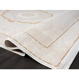 Elit El004s Krem Halı Gold Detaylı Göbekli Kenar Çerçeveli Ince Yumuşak Akrilik Tozuaz Modern Salon