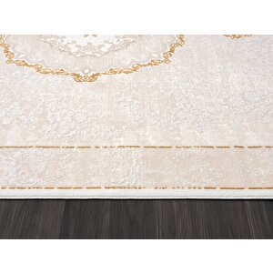 Elit El004s Krem Halı Gold Detaylı Göbekli Kenar Çerçeveli Ince Yumuşak Akrilik Tozuaz Modern Salon