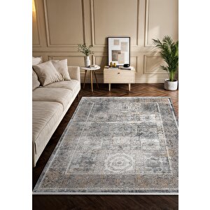 Vogue?vg007z Koyu Gri Çerçeveli Klasik Desen Modern Renk 100?tarak Viskon Salon Halısı İpek Serisi 100x300 cm