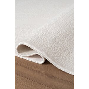 İndigo Id006w Beyaz Klasik Çerçeveli Desen Akrilik İplik Tozuaz Pamuk Taban Salon Mutfak Halısı