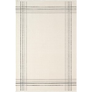 Look Black Lb006w Krem Halı Siyah Dekoratif Çizgili Modern Desen Akrilik Yumuşak Tozuaz Salon Halısı 80x300 cm