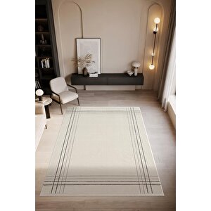 Look Black Lb006w Krem Halı Siyah Dekoratif Çizgili Modern Desen Akrilik Yumuşak Tozuaz Salon Halısı 80x300 cm