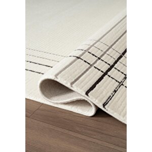 Look Black Lb006w Krem Halı Siyah Dekoratif Çizgili Modern Desen Akrilik Yumuşak Tozuaz Salon Halısı 80x300 cm