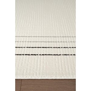 Look Black Lb006w Krem Halı Siyah Dekoratif Çizgili Modern Desen Akrilik Yumuşak Tozuaz Salon Halısı