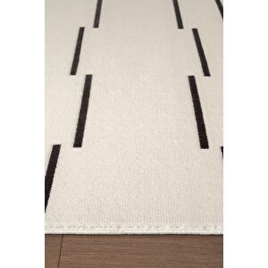 Look Black Lb003w Krem Halı Siyah Dekoratif Çizgili Modern Desen Akrilik Yumuşak Tozuaz Salon Halısı