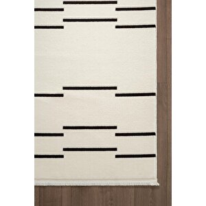 Look Black Lb003w Krem Halı Siyah Dekoratif Çizgili Modern Desen Akrilik Yumuşak Tozuaz Salon Halısı