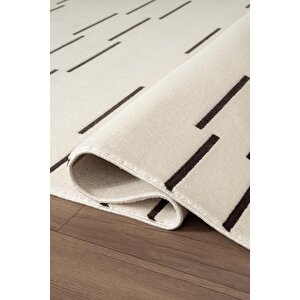 Look Black Lb003w Krem Halı Siyah Dekoratif Çizgili Modern Desen Akrilik Yumuşak Tozuaz Salon Halısı 160x230 cm