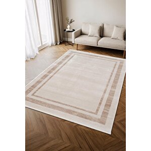 İndigo Id003k Krem Bej Klasik Çerçeveli Desen Akrilik İplik Tozuaz Pamuk Taban Salon Mutfak Halısı 100x200 cm