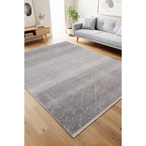 Jade Jd008g Gri Halı Modern Geometrik Desenli Triko Akrilik Pamuk Tabanlı Kaymaz Salon Halısı 80x300 cm