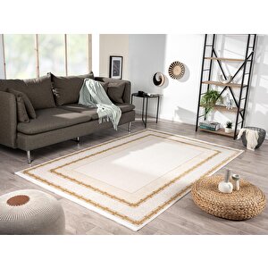Elit El001s Krem Halı Gold Kenar Çerçeveli Ince Yumuşak Akrilik Tozuaz Modern Salon Halısı Koridor 80x300 cm