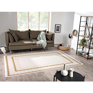 Elit El001s Krem Halı Gold Kenar Çerçeveli Ince Yumuşak Akrilik Tozuaz Modern Salon Halısı Koridor 80x300 cm
