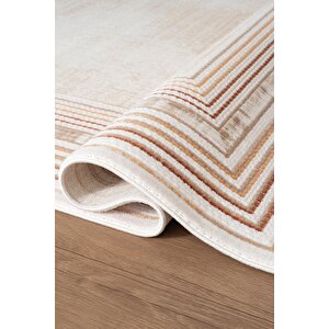 İndigo Id005t Krem Bej Klasik Çerçeveli Desen Akrilik İplik Tozuaz Pamuk Taban Salon Mutfak Halısı