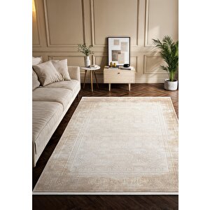 Vogue?vg009a Bej Gri Çerçeveli Geometrik Desen Modern Renk 100?tarak Salon Halısı İpek Serisi 100x200 cm