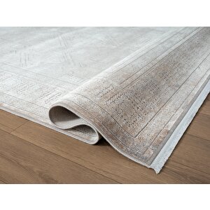 Vogue?vg009a Bej Gri Çerçeveli Geometrik Desen Modern Renk 100?tarak Salon Halısı İpek Serisi