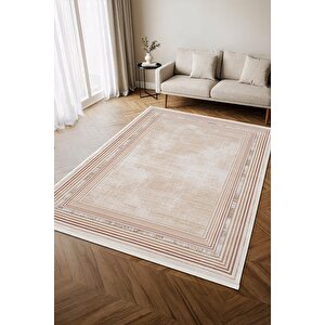 İndigo Id005t Krem Bej Klasik Çerçeveli Desen Akrilik İplik Tozuaz Pamuk Taban Salon Mutfak Halısı 100x200 cm