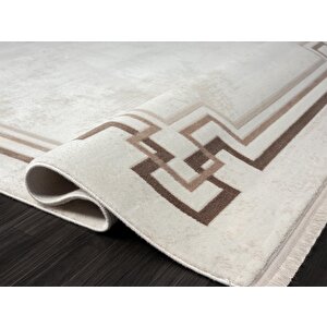 Dark Dk007a Beyaz Halı Bej Detaylı Kahverengi Kenar Çerçeveli Akrilik Tozuaz Modern Salon Halısı 240x340 cm