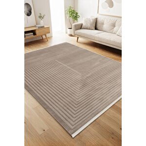 Jade Jd016b Bej Halı Modern Geometrik Desenli Triko Akrilik Pamuk Tabanlı Kaymaz Salon Halısı 80x150 cm