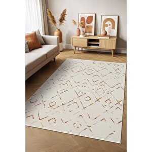 Icon Ic006r Krem Renkli Geometrik Modern Desenli Pamuk Tabanlı Akrilik 4 Mevsim Salon Halısı 100x300 cm
