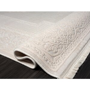 Truva Tv001a Krem Halı Kenar Çerçeveli Göbekli Kalın Akrilik Tozuaz Modern Klasik Salon Halısı