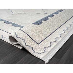 Dark Dk016m Gri Halı Mavi Kenar Çerçeveli Göbekli Akrilik Tozuaz Modern Salon Halısı Koridor Halısı