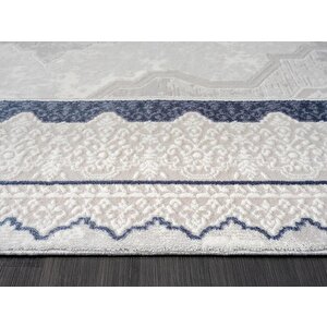 Dark Dk016m Gri Halı Mavi Kenar Çerçeveli Göbekli Akrilik Tozuaz Modern Salon Halısı Koridor Halısı