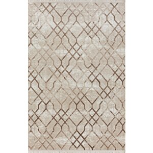 Tokyo 1754 Bej Halı Kahverengi Detaylı Geometrik Desen Modern Akrilik Halı Kaymaz Taban Tozuaz 80x150 cm