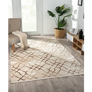 Tokyo 1754 Bej Halı Kahverengi Detaylı Geometrik Desen Modern Akrilik Halı Kaymaz Taban Tozuaz 80x150 cm
