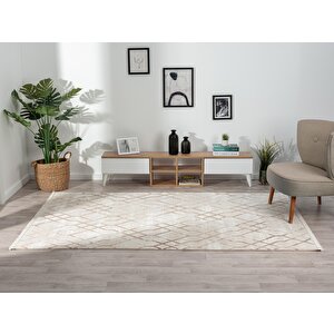 Tokyo 1754 Bej Halı Kahverengi Detaylı Geometrik Desen Modern Akrilik Halı Kaymaz Taban Tozuaz 80x150 cm