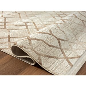 Tokyo 1754 Bej Halı Kahverengi Detaylı Geometrik Desen Modern Akrilik Halı Kaymaz Taban Tozuaz