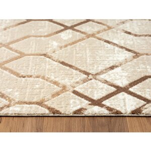 Tokyo 1754 Bej Halı Kahverengi Detaylı Geometrik Desen Modern Akrilik Halı Kaymaz Taban Tozuaz